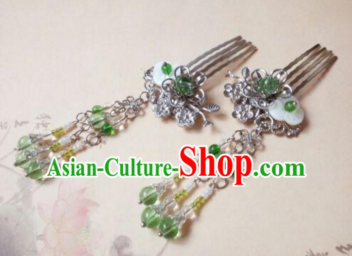 Traditional Handmade Chinese Ancient Classical Hanfu Hair Accessories, Princess Tassel Hairpins Green Beads Hair Comb Headwear for Women