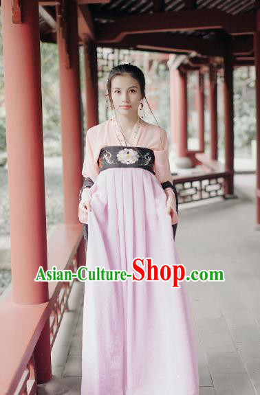 Traditional Chinese Tang Dynasty Young Lady Costume Embroidery Blouse and Slip Skirt, Elegant Hanfu Clothing Chinese Ancient Princess Clothing for Women