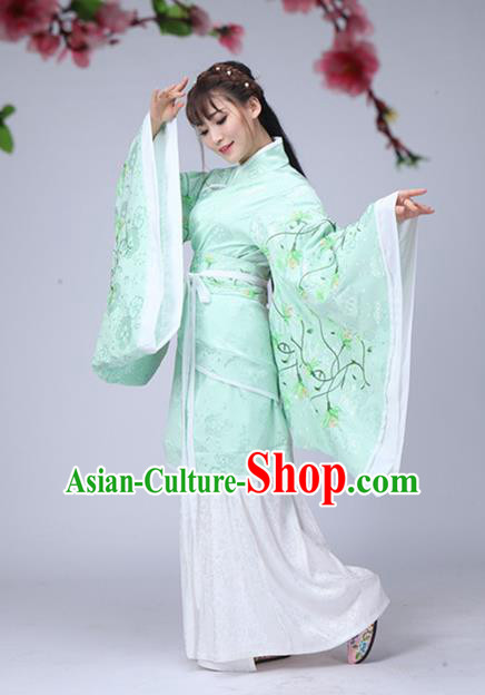 Traditional Chinese Han Dynasty Palace Lady Fairy Costume Green Embroidery Curve Bottom, Elegant Hanfu Clothing Chinese Ancient Princess Clothing for Women