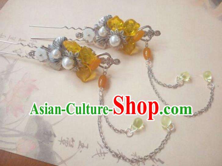 Traditional Handmade Chinese Ancient Classical Hanfu Hair Accessories Tassel Step Shake, Princess Palace Lady Yellow Hairpins Hair Stick for Women