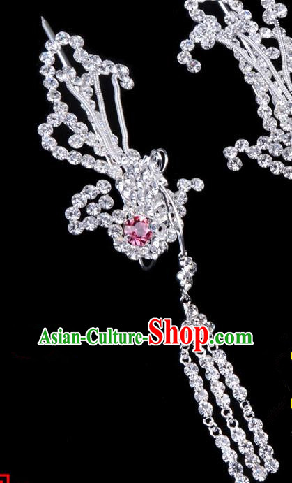 Traditional Beijing Opera Diva Hair Accessories Pink Crystal Phoenix Hairpins Head-ornaments, Ancient Chinese Peking Opera Hua Tan Tassel Step Shake Hair Stick Headwear