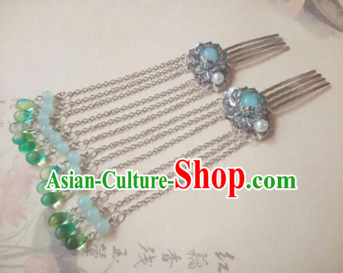 Traditional Handmade Chinese Ancient Classical Hanfu Hair Accessories Green Beads Tassel Hair Comb, Princess Palace Lady Hairpins Hair Stick for Women