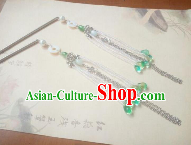 Traditional Handmade Chinese Ancient Classical Hanfu Hair Accessories Green Beads Tassel Step Shake, Princess Palace Lady Hairpins Hair Stick for Women