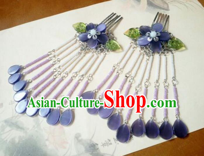 Traditional Handmade Chinese Ancient Classical Hanfu Hair Accessories Purple Hair Comb, Princess Palace Lady Tassel Hairpins for Women