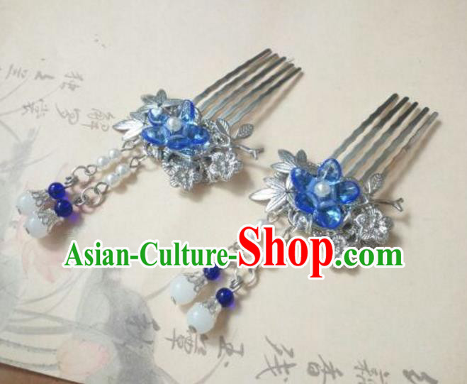 Traditional Handmade Chinese Ancient Classical Hanfu Hair Accessories Blue Flower Hair Comb, Princess Palace Lady Tassel Hairpins for Women