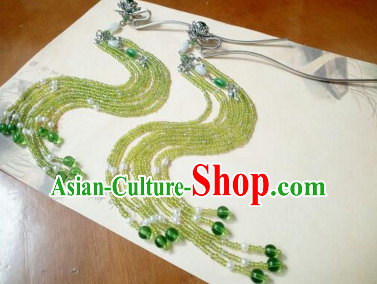 Traditional Handmade Chinese Ancient Classical Hanfu Hair Accessories Tassel Hairpins, Princess Palace Lady Green Step Shake for Women