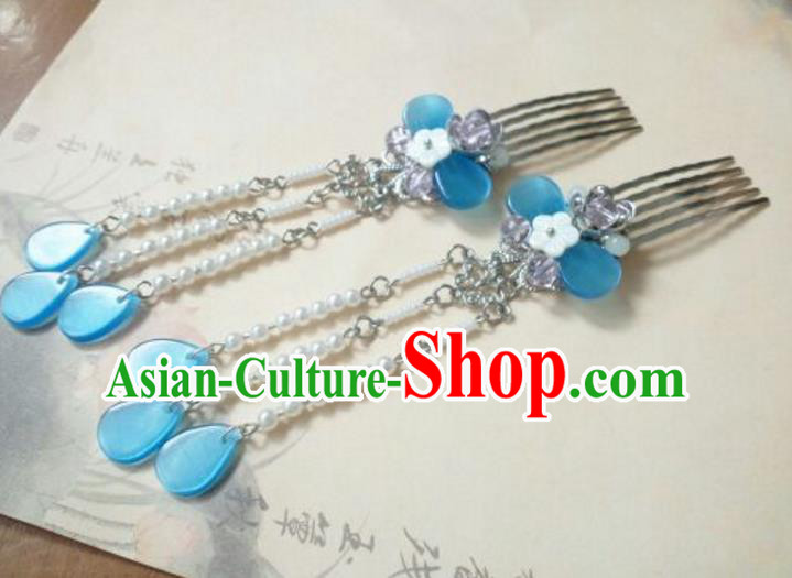 Traditional Handmade Chinese Ancient Classical Hanfu Hair Accessories Tassel Hairpins, Princess Palace Lady Blue Hair Comb for Women