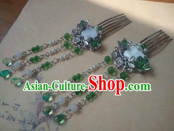 Traditional Handmade Chinese Ancient Classical Hanfu Hair Accessories Tassel Hairpins, Princess Palace Lady Green Tassel Hair Comb for Women