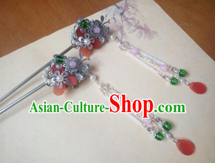 Traditional Handmade Chinese Ancient Classical Hanfu Hair Accessories Red Beads Tassel Hairpins, Princess Headpiece Step Shake Hair Fascinators for Women