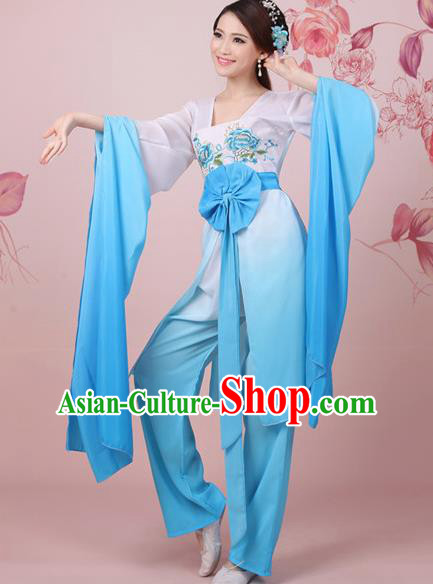 Traditional Ancient Chinese Tang Dynasty Chang E Flying to the Moon Dance Blue Costume, Elegant Hanfu Clothing Chinese Princess Water Sleeve Embroidered Clothing for Women