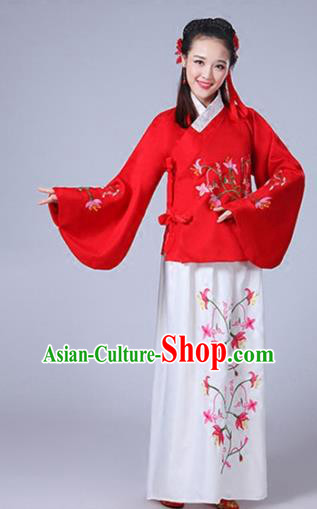 Traditional Asian Oriental China Costume Embroidery Wintersweet Red Blouse and Skirt Complete Set, Chinese Ming Dynasty Imperial Princess Embroidered Clothing for Women