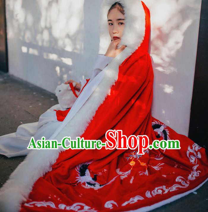 Traditional Ancient Chinese Costume Princess Red Cloak, Elegant Hanfu Clothing Chinese Tang Dynasty Palace Lady Embroidered Mantle Clothing for Women
