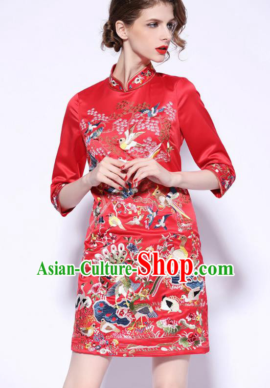Traditional Top Grade Asian Chinese Costumes Classical Embroidery Cheongsam, China National Middle Sleeve Chirpaur Dress Red Qipao for Women