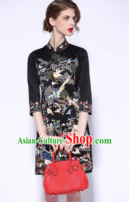 Traditional Top Grade Asian Chinese Costumes Classical Embroidery Cheongsam, China National Middle Sleeve Chirpaur Dress Black Qipao for Women