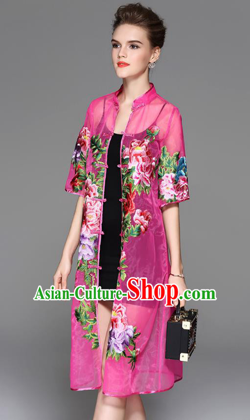 Traditional Top Grade Asian Chinese Costumes Classical Embroidery Peony Rosy Coat, China National Plated Buttons Dust Coat for Women