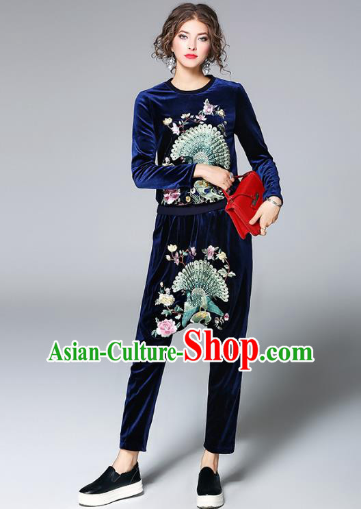 Traditional Top Grade Asian Chinese Costumes Classical Embroidery Shirt and Pants, China National Blue Pleuche Suit for Women