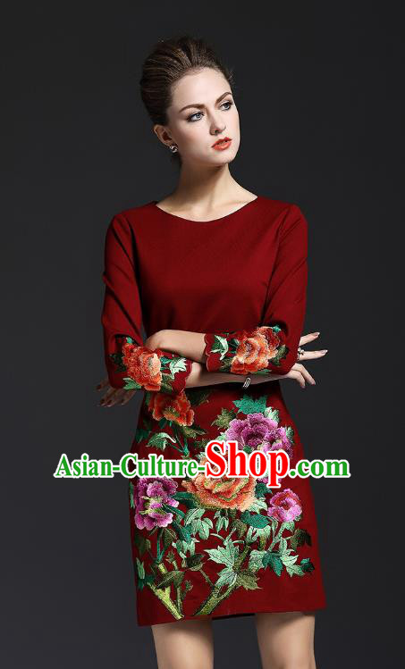 Top Grade Asian Chinese Costumes Classical Embroidery Peony Dress, Traditional China National Wine Red Chirpaur Qipao for Women