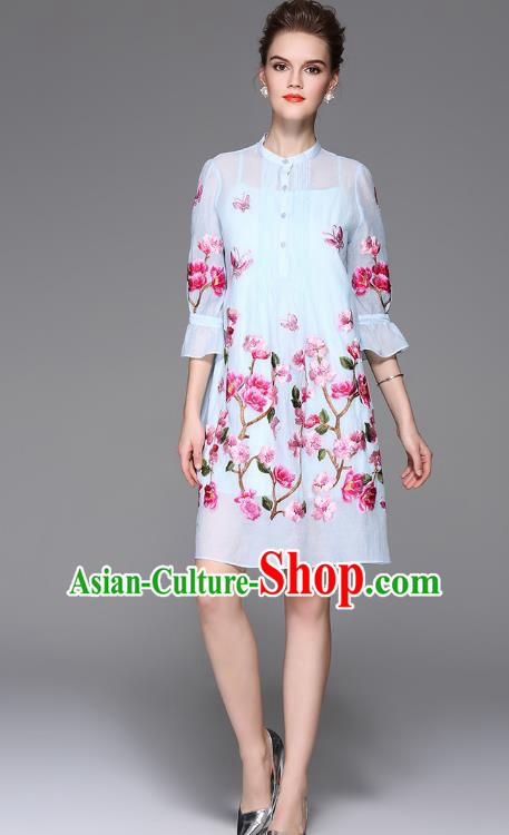 Top Grade Asian Chinese Costumes Classical Embroidery Two-piece Dress, Traditional China National Embroidered Mandarin Sleeve Blue Chirpaur Qipao for Women