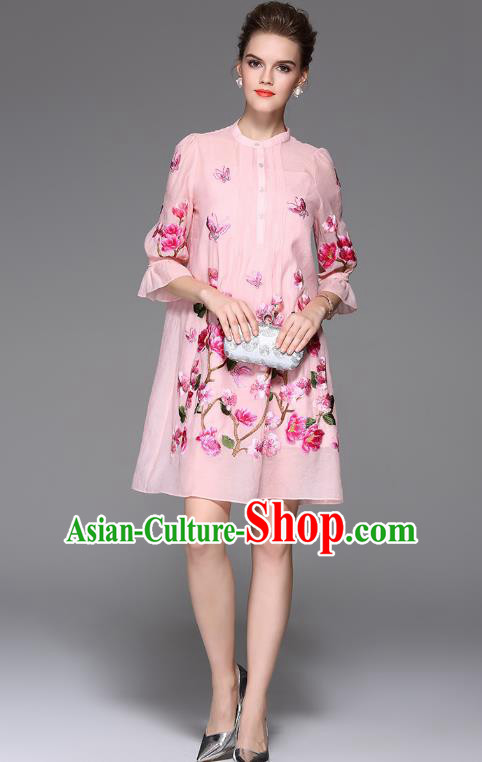 Top Grade Asian Chinese Costumes Classical Embroidery Two-piece Dress, Traditional China National Embroidered Mandarin Sleeve Pink Chirpaur Qipao for Women