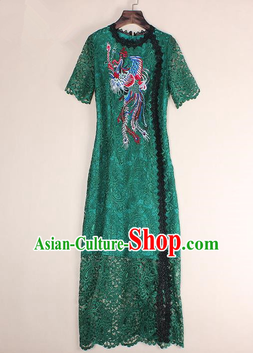 Top Grade Asian Chinese Costumes Classical Embroidery Phoenix Green Lace Dress, Traditional China National Embroidered Chirpaur Qipao for Women
