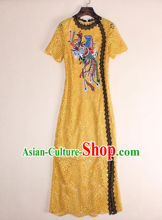 Top Grade Asian Chinese Costumes Classical Embroidery Phoenix Yellow Lace Dress, Traditional China National Embroidered Chirpaur Qipao for Women