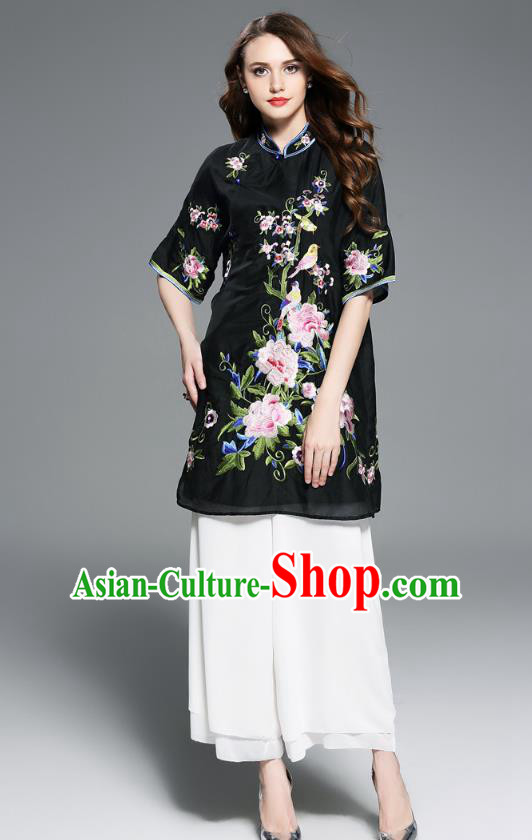 Top Grade Asian Chinese Costumes Classical Embroidery Peony Black Dress Silk Cheongsam Upper Outer Garment, Traditional China National Embroidered Chirpaur Qipao for Women