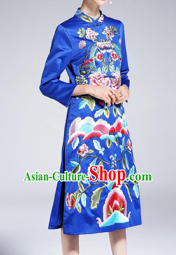 Top Grade Asian Chinese Costumes Classical Embroidery Blue Satin Plated Buttons Cheongsam, Traditional China National Dust Coat Embroidered Peony Chirpaur Clothing for Women