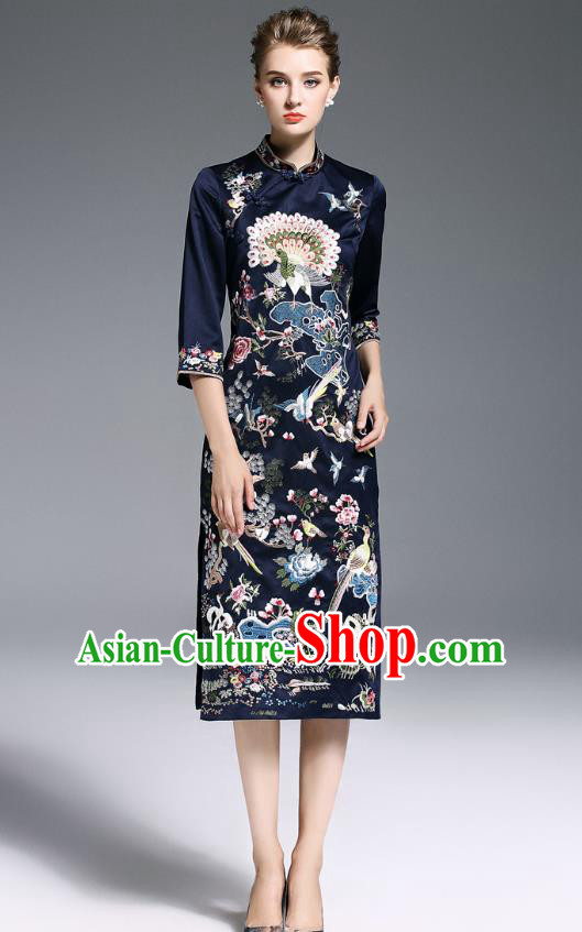 Top Grade Asian Chinese Costumes Classical Embroidery Black Plated Buttons Cheongsam, Traditional China National Slant Opening Embroidered Chirpaur Clothing for Women