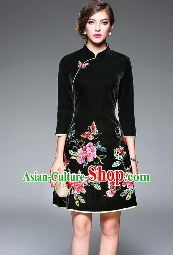 Top Grade Asian Chinese Costumes Classical Embroidery Butterfly Flowers Cheongsam, Traditional China National Black Chirpaur Dress Qipao for Women