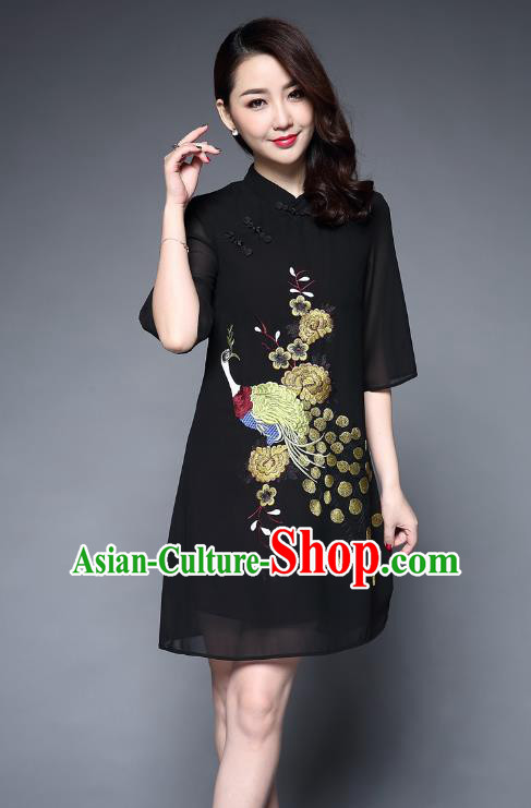 Top Grade Asian Chinese Costumes Classical Embroidery Peacock Short Black Cheongsam, Traditional China National Plated Buttons Chirpaur Dress Qipao for Women