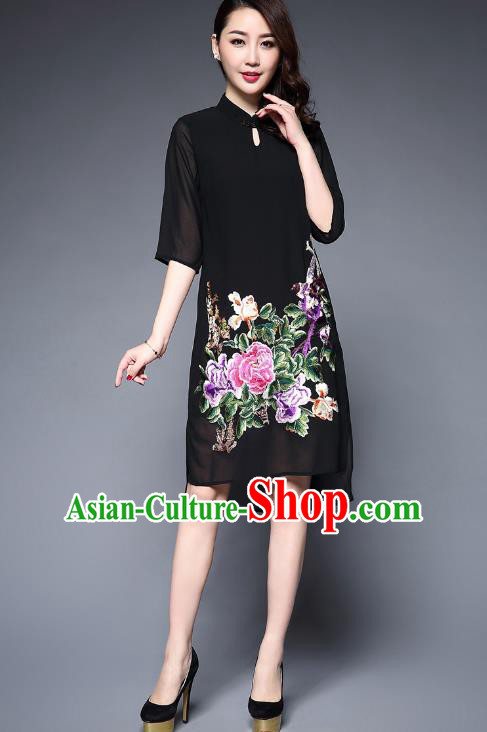 Top Grade Asian Chinese Costumes Classical Embroidery Peony Cheongsam, Traditional China National Plated Buttons Black Chirpaur Dress Qipao for Women