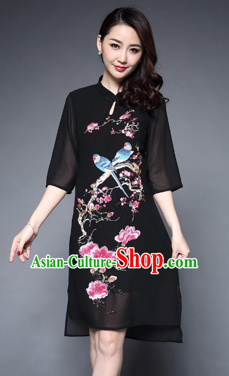 Top Grade Asian Chinese Costumes Classical Embroidery Birds Middle Sleeve Cheongsam, Traditional China National Plated Buttons Black Chirpaur Dress Qipao for Women