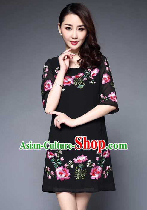 Asian Chinese Oriental Costumes Classical Embroidery Peony Chiffon Dress, Traditional China National Tang Suit Black Dress Qipao for Women