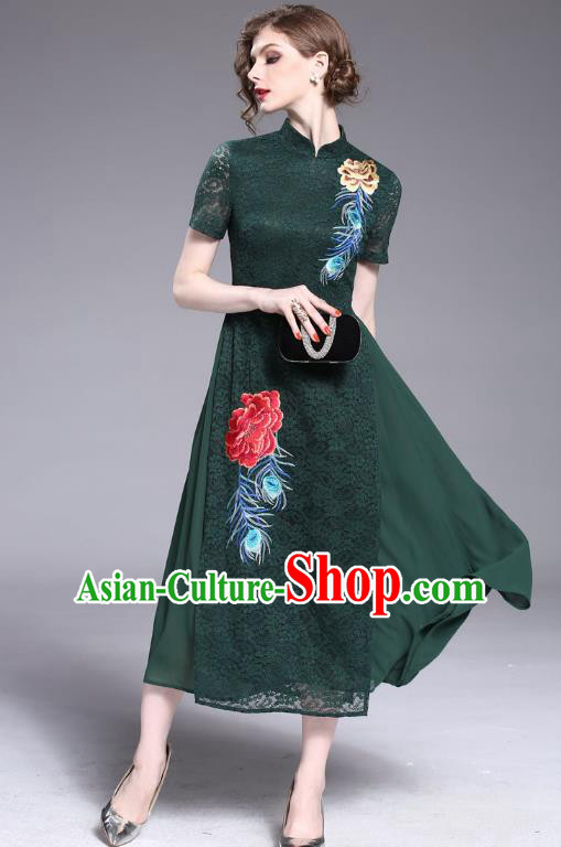 Asian Chinese Oriental Costumes Classical Embroidery Green Lace Cheongsam, Traditional China National Tang Suit Stand Collar Qipao Dress for Women
