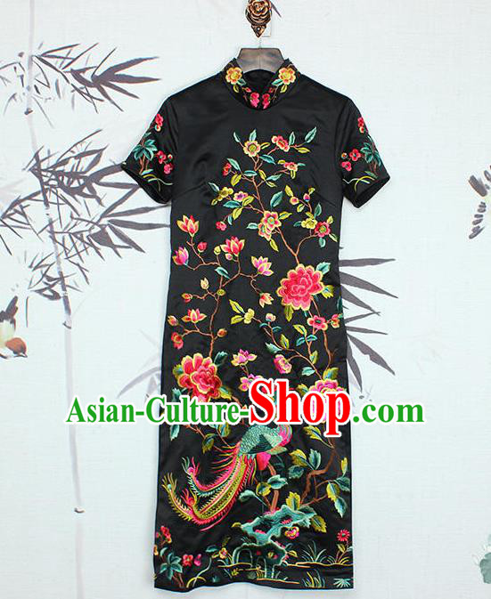 Asian Chinese Oriental Costumes Classical Embroidery Phoenix Peony Cheongsam, Traditional China National Tang Suit Stand Collar Black Qipao Dress for Women