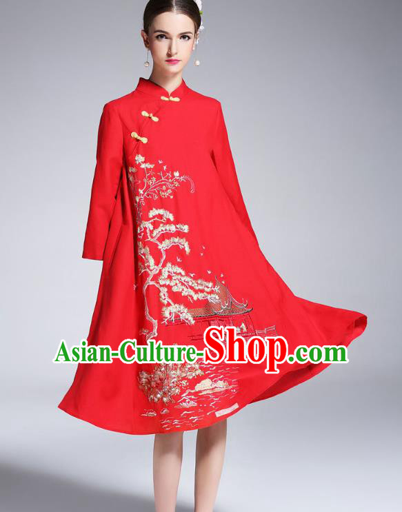 Asian Chinese Oriental Red Cheongsam Costumes, Traditional China National Embroidery Chirpaur Tang Suit Dress Qipao for Women
