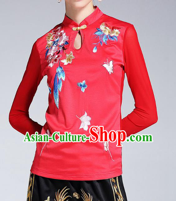 Asian Chinese Oriental Red Cheongsam Blouse Costumes, Traditional China National Embroidery Chirpaur Upper Outer Garment for Women