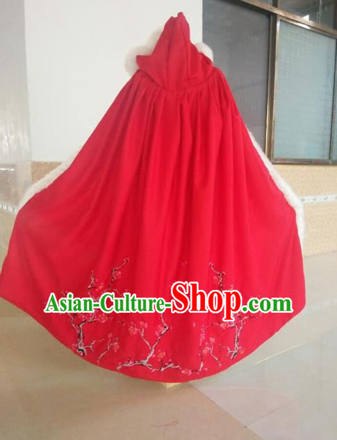 Traditional Asian Oriental Swordswoman Costumes Red Cloak, China Ming Dynasty Princess Hanfu Fairy Embroidery Mantle for Women