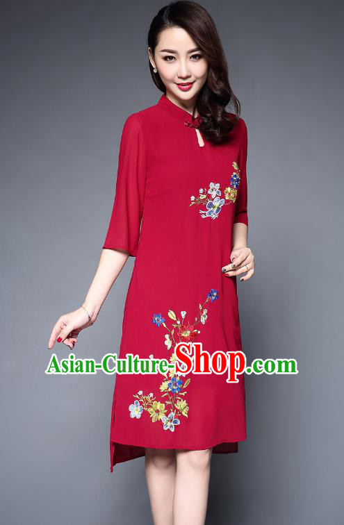 Asian Chinese Oriental Costumes Classical Embroidery Flowers Chiffon Dress, Traditional China National Tang Suit Red Cheongsam Qipao for Women