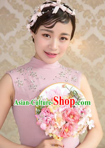 Traditional Asian Oriental Chinese Palace Lady Princess Wedding Round Fans, Bride Pink Peony Flowers Butterfly Circular Fan for Women