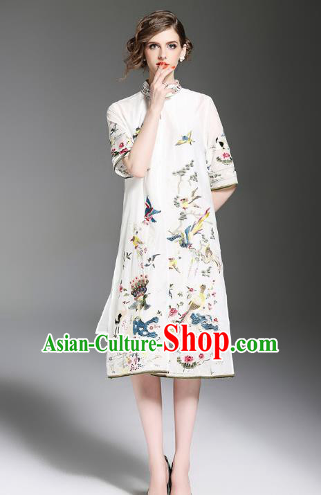 Asian Chinese Oriental Costumes Classical Embroidery White Cardigan, Traditional China National Tang Suit Upper Outer Garment Overcoat for Women