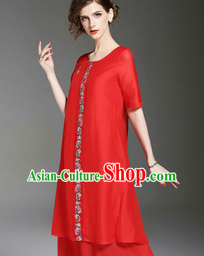 Asian Chinese Oriental Costumes Classical Embroidery Red Chiffon Dress, Traditional China National Tang Suit Qipao Dress for Women
