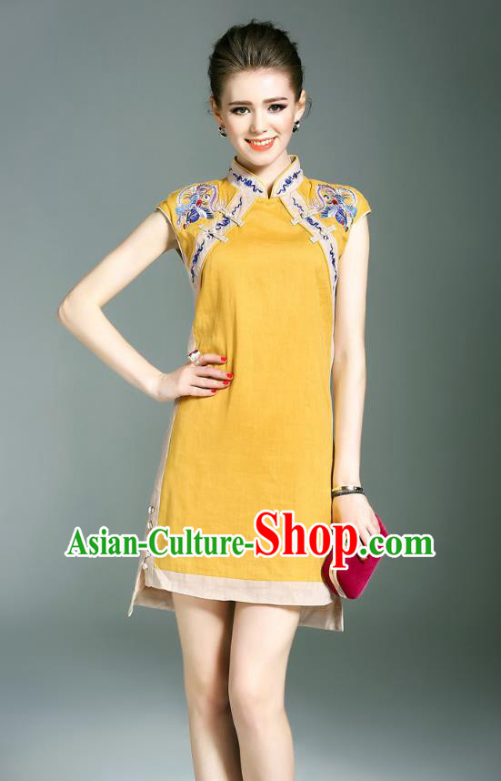Asian Chinese Oriental Costumes Classical Double-Breasted Embroidery Yellow Cheongsam, Traditional China National Chirpaur Tang Suit Qipao Dress for Women
