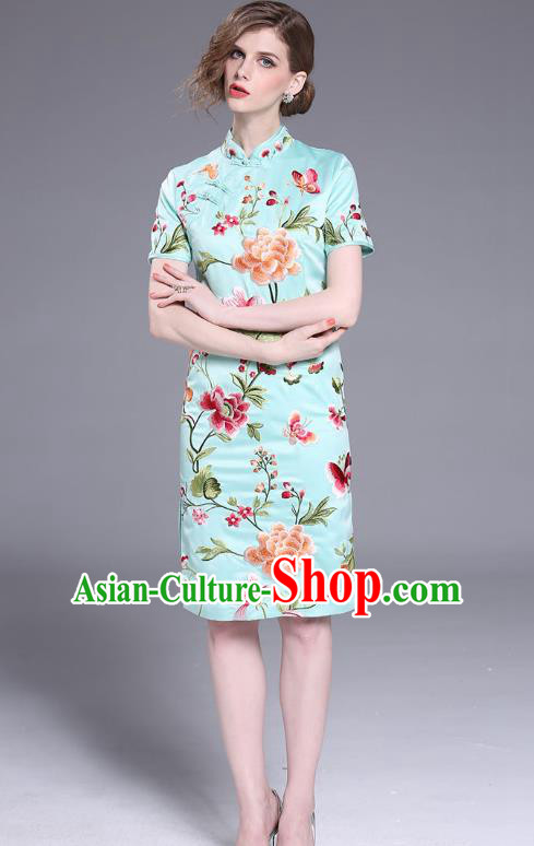 Asian Chinese Oriental Costumes Classical Slant Opening Embroidery Peony Blue Cheongsam, Traditional China National Chirpaur Tang Suit Qipao Dress for Women