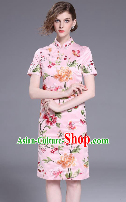 Asian Chinese Oriental Costumes Classical Slant Opening Embroidery Peony Pink Cheongsam, Traditional China National Chirpaur Tang Suit Qipao Dress for Women