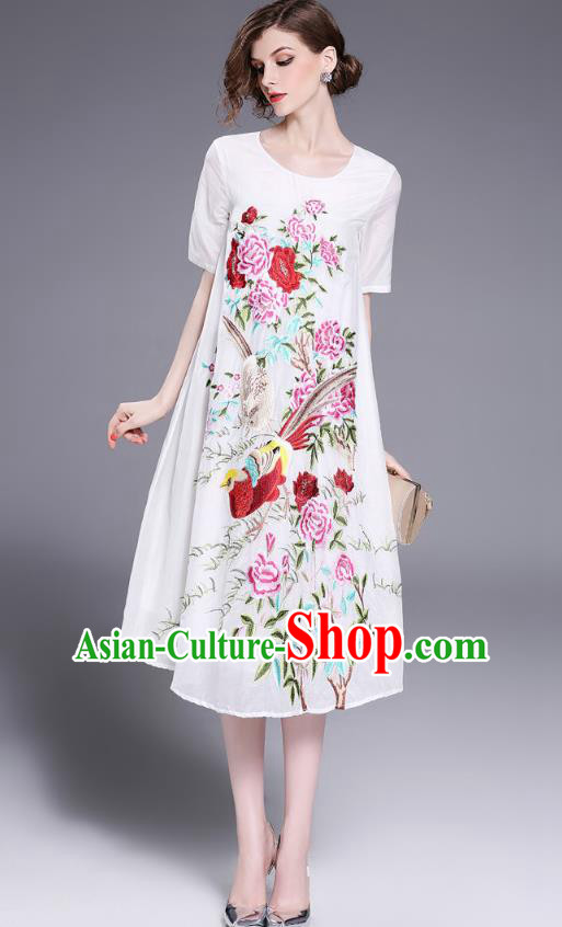Asian Chinese Oriental Costumes Classical Slant Opening Embroidery Phoenix Linen Cheongsam, Traditional China National Chirpaur Tang Suit Plated Buttons White Qipao Dress for Women