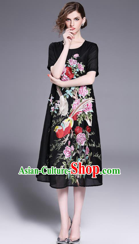 Asian Chinese Oriental Costumes Classical Slant Opening Embroidery Phoenix Linen Cheongsam, Traditional China National Chirpaur Tang Suit Plated Buttons Black Qipao Dress for Women