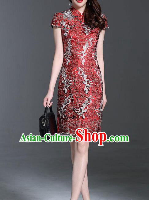 Asian Chinese Oriental Costumes Classical Palace Embroidery Red Lace Cheongsam, Traditional China National Chirpaur Tang Suit Stand Collar Qipao Dress for Women