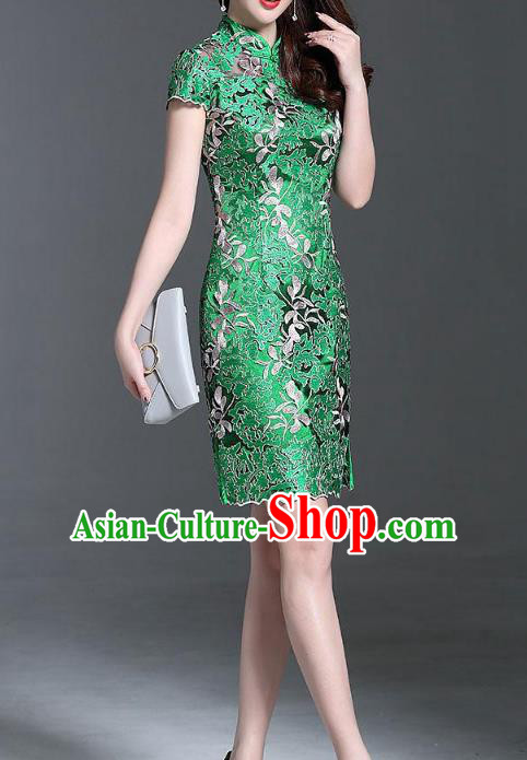Asian Chinese Oriental Costumes Classical Palace Embroidery Green Lace Cheongsam, Traditional China National Chirpaur Tang Suit Stand Collar Qipao Dress for Women
