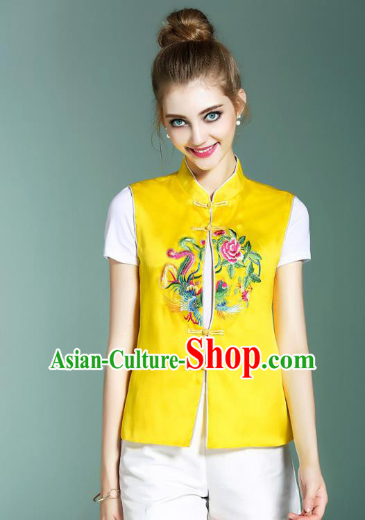 Asian Chinese Oriental Costumes Classical Palace Embroidery Yellow Vest, Traditional China National Chirpaur Tang Suit Plated Buttons Waistcoat for Women